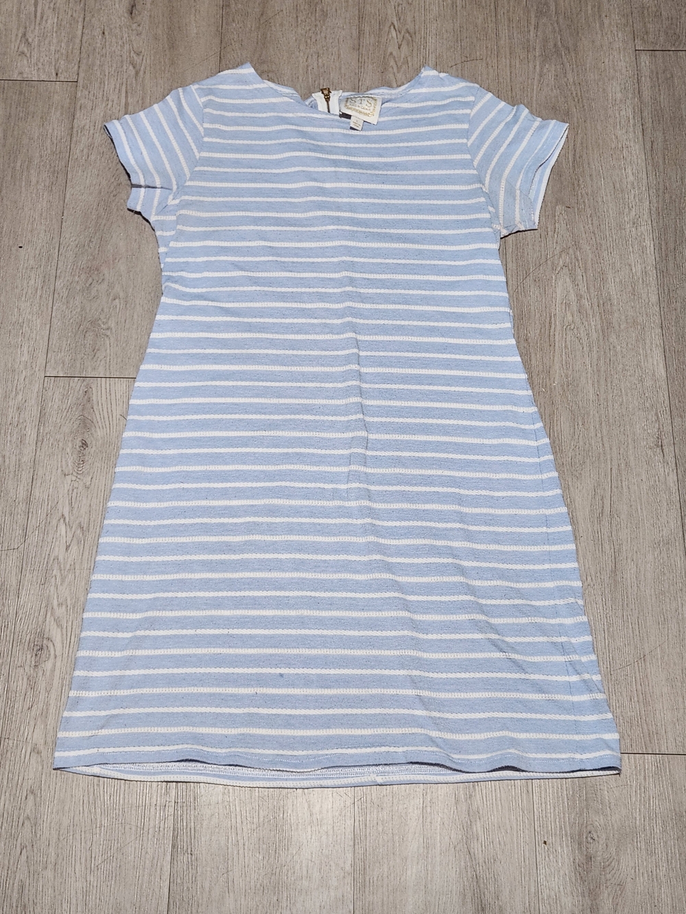 Sail to Sable Striped Short Sleeve Shift Dress Blue White Gold Zip L